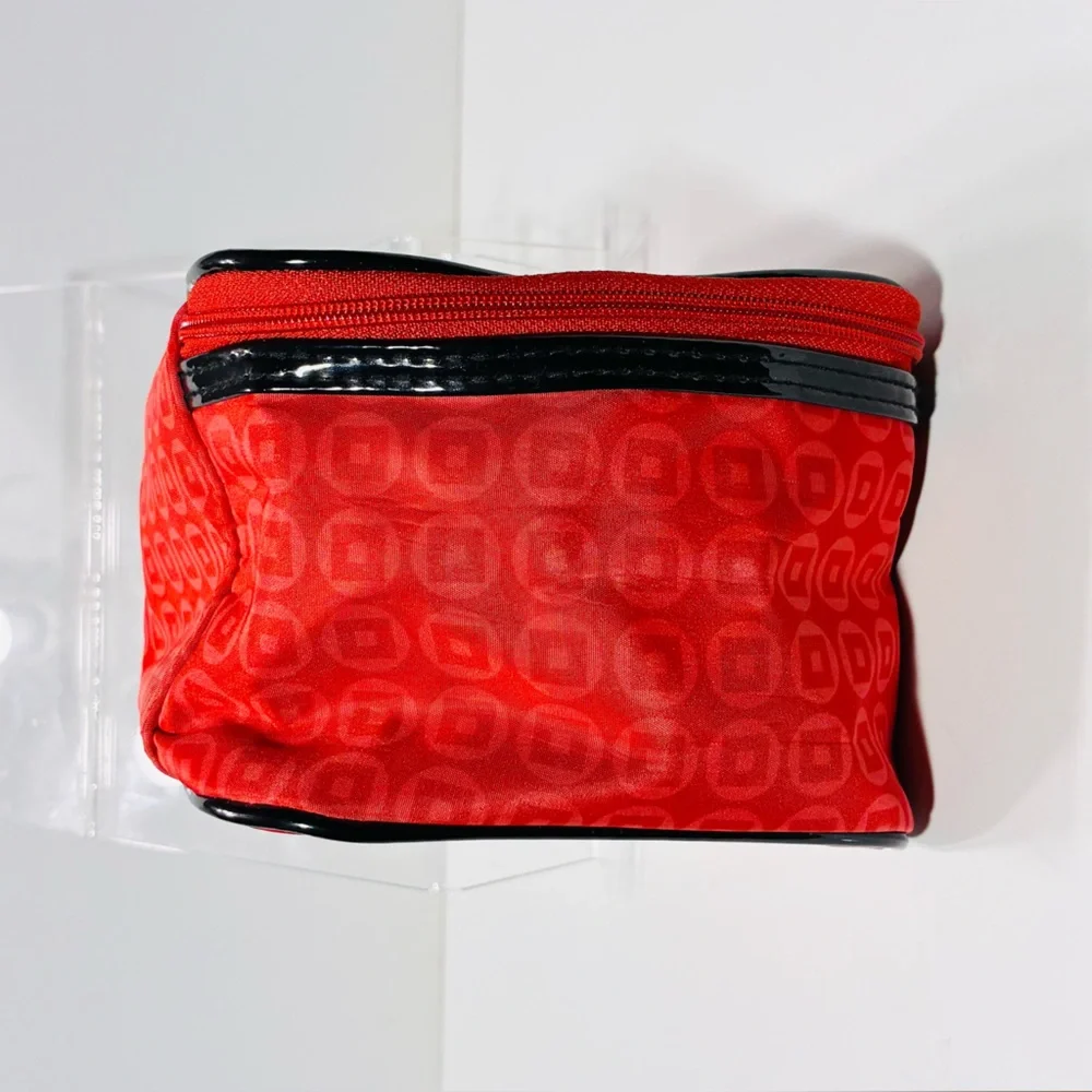 Y2K Lancôme Red Geometric Pattern Cosmetic Bag Black Patent Trim 6x7x4.5 Vintage